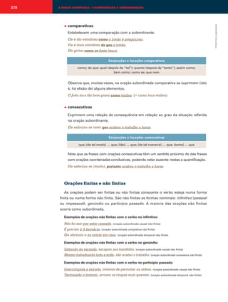 270

A FRASE COMPLEXA – COORDENAÇÃO E SUBORDINAÇÃO

comparativas
Estabelecem uma comparação com a subordinante.
Ele é tão estudioso como o irmão é preguiçoso.
Ele é mais estudioso do que o irmão.
Ele gritou como se fosse louco.
Conjunções e locuções comparativas
como; do que; qual (depois de “tal”); quanto (depois de “tanto”); assim como;
bem como; como se; que nem

Observa que, muitas vezes, na oração subordinada comparativa se suprimem (isto
é, há elisão de) alguns elementos.
O João toca tão bem piano como violino. (= como toca violino)

◆

consecutivas
Exprimem uma relação de consequência em relação ao grau da situação referida
na oração subordinante.
Ele esforçou-se tanto que acabou o trabalho a horas.
Conjunções e locuções consecutivas
que; (de tal modo) … que; (tão) … que; (de tal maneira) … que; (tanto) … que

Nota que as frases com orações consecutivas têm um sentido próximo do das frases
com orações coordenadas conclusivas, podendo estar ausente nestas a quantificação.
Ele esforçou-se (muito), portanto acabou o trabalho a horas.

Orações finitas e não finitas
As orações podem ser finitas ou não finitas consoante o verbo esteja numa forma
finita ou numa forma não finita. São não finitas as formas nominais: infinitivo (pessoal
ou impessoal), gerúndio ou particípio passado. A maioria das orações não finitas
ocorre como subordinada.
Exemplos de orações não finitas com o verbo no infinitivo:

Não fui sair por estar cansada. (oração subordinada causal não finita)
É preciso ir à farmácia. (oração subordinada completiva não finita)
Ela abraçou-o ao entrar em casa. (oração subordinada temporal não finita)
Exemplos de orações não finitas com o verbo no gerúndio:

Saltando da varanda, escapou aos bandidos. (oração subordinada causal não finita)
Mesmo trabalhando toda a noite, não acabei o trabalho. (oração subordinada concessiva não finita)
Exemplos de orações não finitas com o verbo no particípio passado:

Interrompida a estrada, tivemos de pernoitar na aldeia. (oração subordinada causal não finita)
Terminado o Inverno, arrumo as roupas mais quentes. (oração subordinada temporal não finita) )

EMAR10EPI © Porto Editora

◆

 