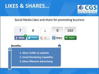 LIKES & SHARES…

     Social Media Likes and share for promoting business



                                  o



  Benefits:

         1. More Traffic to website
         2. Email Marketing Capability
         3. More Effective Advertising
 