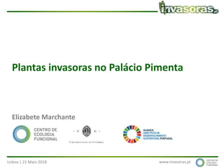 Lisboa | 21 Maio 2018 www.invasoras.pt
Plantas invasoras no Palácio Pimenta
Elizabete Marchante
 