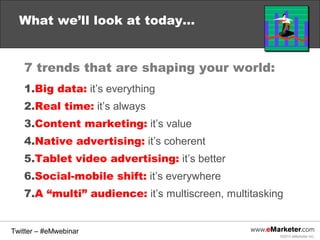 What we’ll look at today…
7 trends that are shaping your world:
1.Big data: it’s everything
2.Real time: it’s always
3.Content marketing: it’s value
4.Native advertising: it’s coherent
5.Tablet video advertising: it’s better
6.Social-mobile shift: it’s everywhere
7.A “multi” audience: it’s multiscreen, multitasking
Twitter – #eMwebinar
©2013 eMarketer Inc.