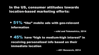 In the US, consumer attitudes towards
location-based marketing efforts:
• 51% “like” mobile ads with geo-relevant
information
––xAd and Telemetrics, 2014
• 45% have “high to medium-high interest” in
receiving personalized info based on their
immediate location
––451 Research, 2014
 