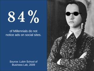 4.4% 84% of Millennials do not notice ads on social sites. Source: Lubin School of Business Lab, 2009 