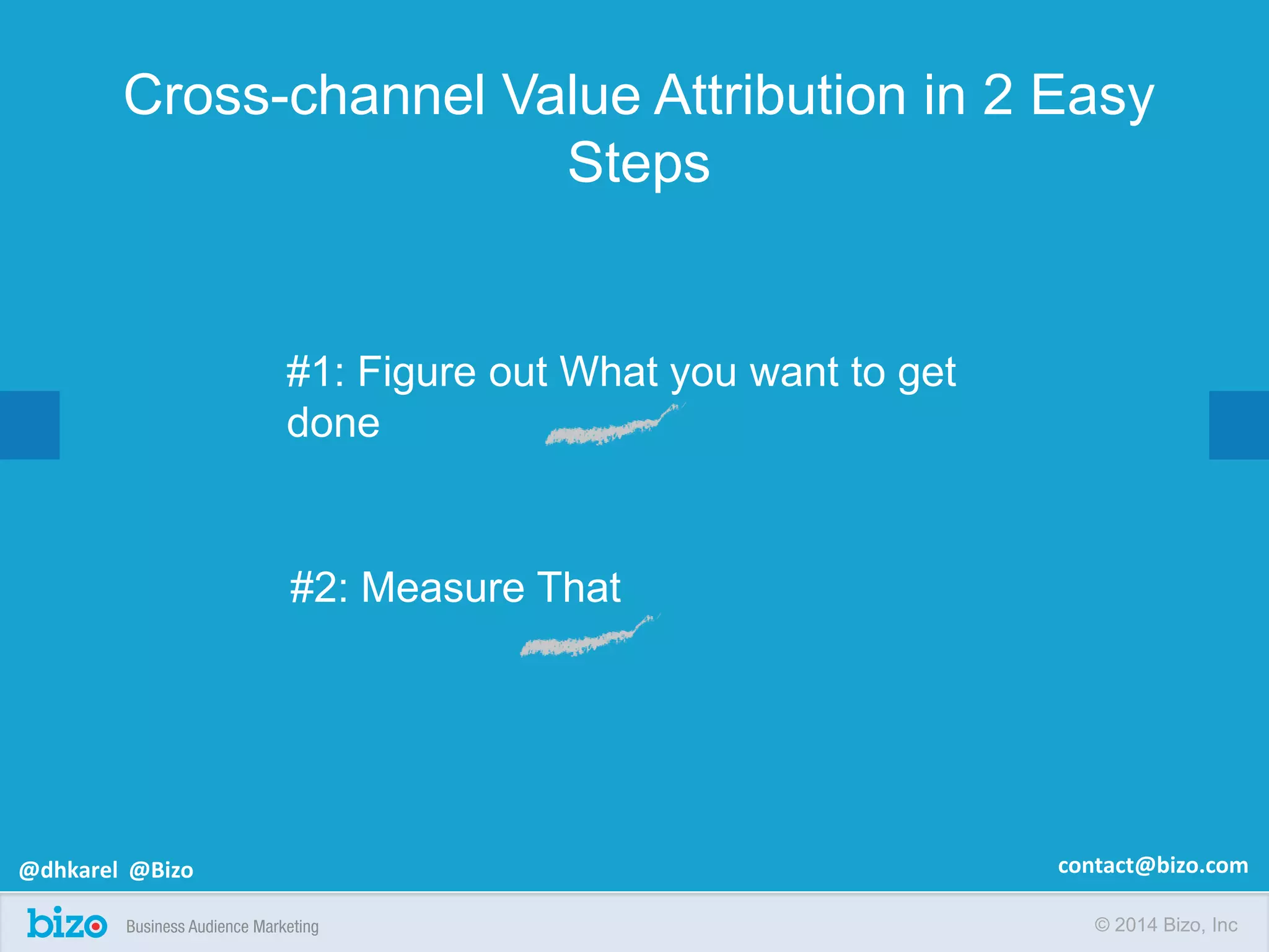 © 2014 Bizo, Inc
Cross-channel Value Attribution in 2 Easy
Steps
#1: Figure out What you want to get
done
#2: Measure That
@dhkarel @Bizo contact@bizo.com
 