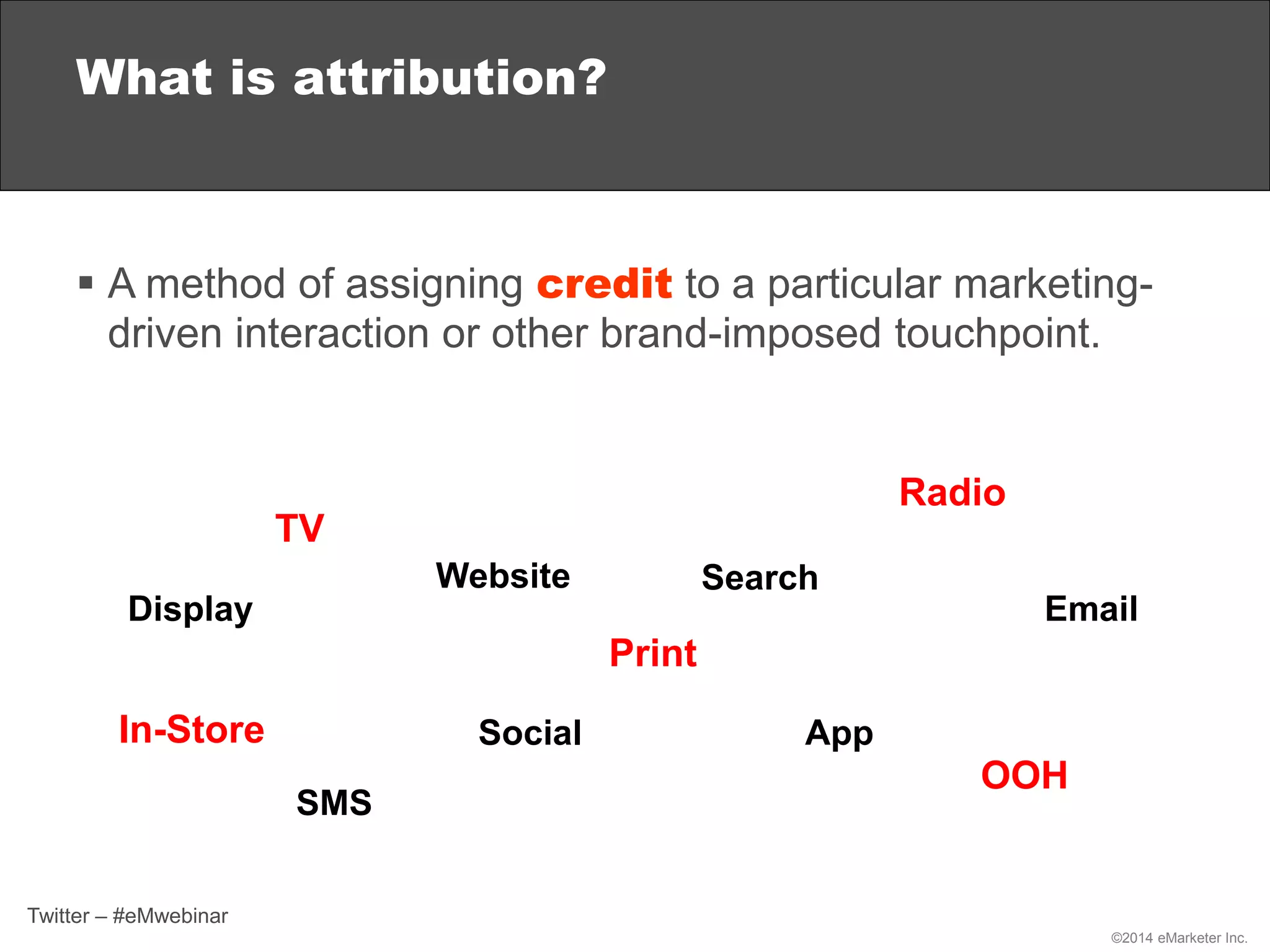 ©2014 eMarketer Inc.
 A method of assigning credit to a particular marketing-
driven interaction or other brand-imposed touchpoint.
What is attribution?
Display
Search
Social
Email
Website
App
SMS
TV
Print
Radio
OOH
In-Store
Twitter – #eMwebinar
 