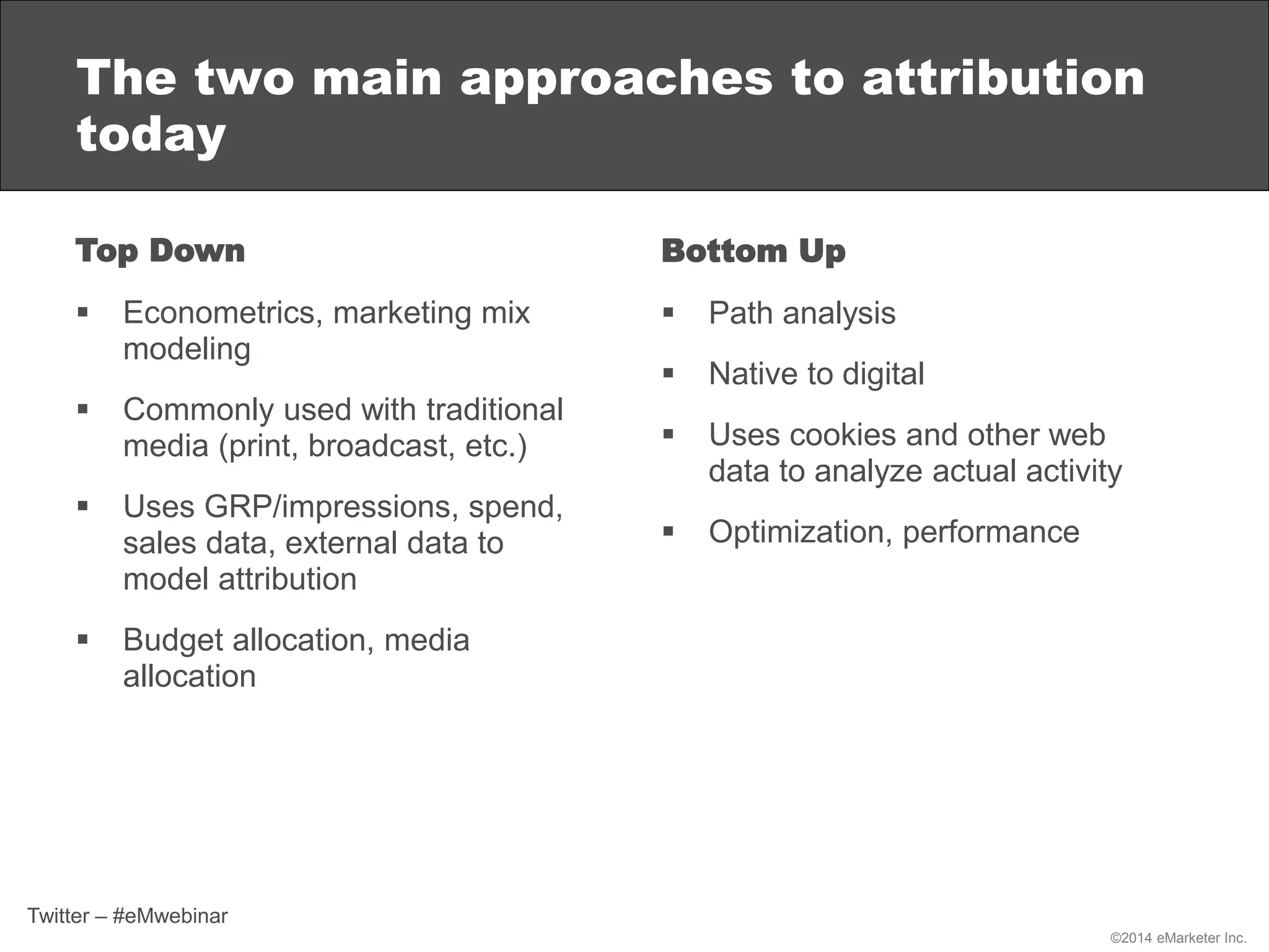 ©2014 eMarketer Inc.
Top Down
 Econometrics, marketing mix
modeling
 Commonly used with traditional
media (print, broadcast, etc.)
 Uses GRP/impressions, spend,
sales data, external data to
model attribution
 Budget allocation, media
allocation
The two main approaches to attribution
today
Bottom Up
 Path analysis
 Native to digital
 Uses cookies and other web
data to analyze actual activity
 Optimization, performance
Twitter – #eMwebinar
 