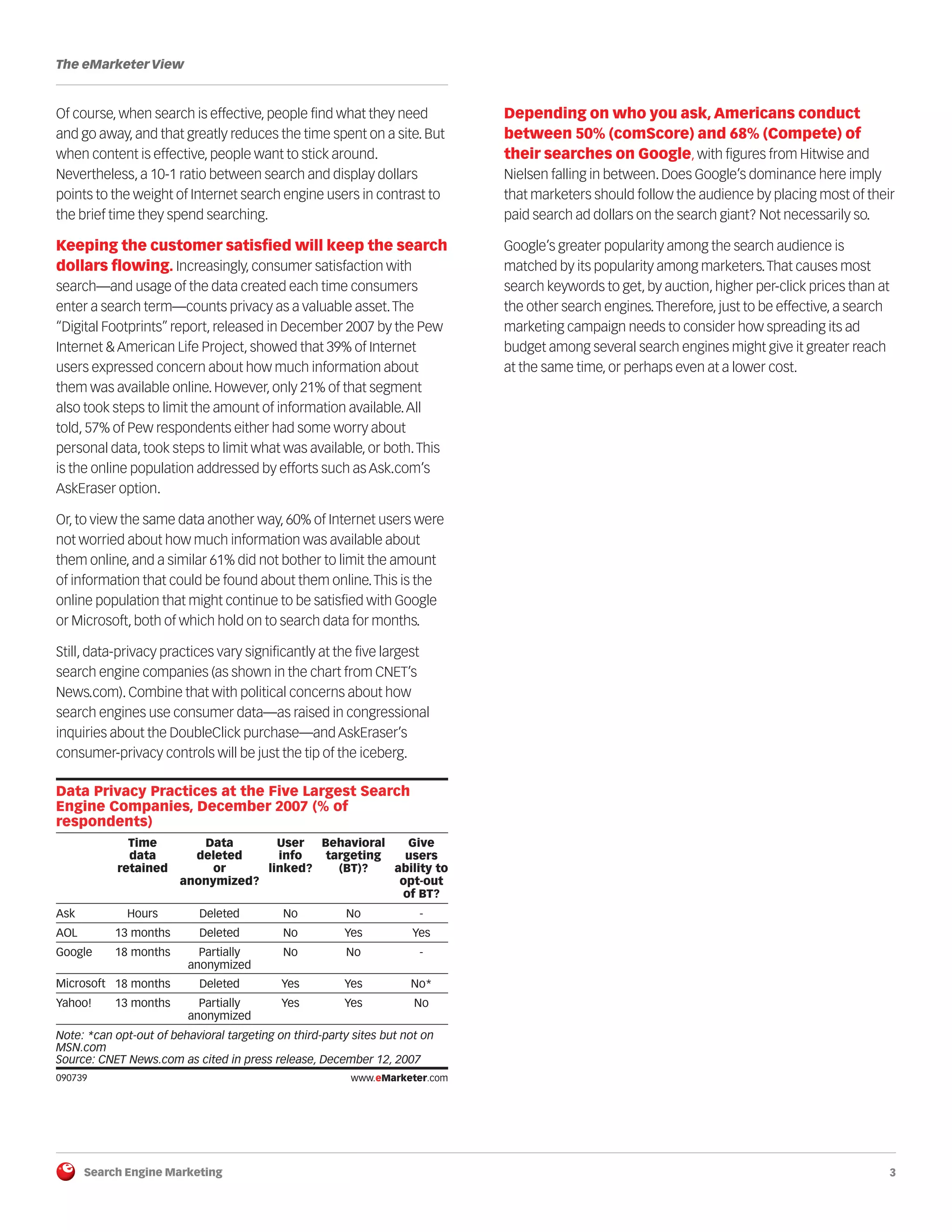 Search Engine Marketing 3
The eMarketer View
Of course, when search is effective, people find what they need
and go away, and that greatly reduces the time spent on a site. But
when content is effective, people want to stick around.
Nevertheless, a 10-1 ratio between search and display dollars
points to the weight of Internet search engine users in contrast to
the brief time they spend searching.
Keeping the customer satisfied will keep the search
dollars flowing. Increasingly, consumer satisfaction with
search—and usage of the data created each time consumers
enter a search term—counts privacy as a valuable asset.The
“Digital Footprints” report, released in December 2007 by the Pew
Internet & American Life Project, showed that 39% of Internet
users expressed concern about how much information about
them was available online. However, only 21% of that segment
also took steps to limit the amount of information available.All
told, 57% of Pew respondents either had some worry about
personal data, took steps to limit what was available, or both.This
is the online population addressed by efforts such as Ask.com’s
AskEraser option.
Or, to view the same data another way, 60% of Internet users were
not worried about how much information was available about
them online, and a similar 61% did not bother to limit the amount
of information that could be found about them online.This is the
online population that might continue to be satisfied with Google
or Microsoft, both of which hold on to search data for months.
Still, data-privacy practices vary significantly at the five largest
search engine companies (as shown in the chart from CNET’s
News.com). Combine that with political concerns about how
search engines use consumer data—as raised in congressional
inquiries about the DoubleClick purchase—and AskEraser’s
consumer-privacy controls will be just the tip of the iceberg.
090739
Depending on who you ask, Americans conduct
between 50% (comScore) and 68% (Compete) of
their searches on Google, with figures from Hitwise and
Nielsen falling in between. Does Google’s dominance here imply
that marketers should follow the audience by placing most of their
paid search ad dollars on the search giant? Not necessarily so.
Google’s greater popularity among the search audience is
matched by its popularity among marketers.That causes most
search keywords to get, by auction, higher per-click prices than at
the other search engines.Therefore, just to be effective, a search
marketing campaign needs to consider how spreading its ad
budget among several search engines might give it greater reach
at the same time, or perhaps even at a lower cost.
Data Privacy Practices at the Five Largest Search
Engine Companies, December 2007 (% of
respondents)
Ask
AOL
Google
Microsoft
Yahoo!
Time
data
retained
Hours
13 months
18 months
18 months
13 months
Data
deleted
or
anonymized?
Deleted
Deleted
Partially
anonymized
Deleted
Partially
anonymized
User
info
linked?
No
No
No
Yes
Yes
Behavioral
targeting
(BT)?
No
Yes
No
Yes
Yes
Give
users
ability to
opt-out
of BT?
-
Yes
-
No*
No
Note: *can opt-out of behavioral targeting on third-party sites but not on
MSN.com
Source: CNET News.com as cited in press release, December 12, 2007
090739 www.eMarketer.com
 