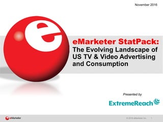 © 2016 eMarketer Inc. 1
eMarketer StatPack:
The Evolving Landscape of
US TV & Video Advertising
and Consumption
Presented by
November 2016
 