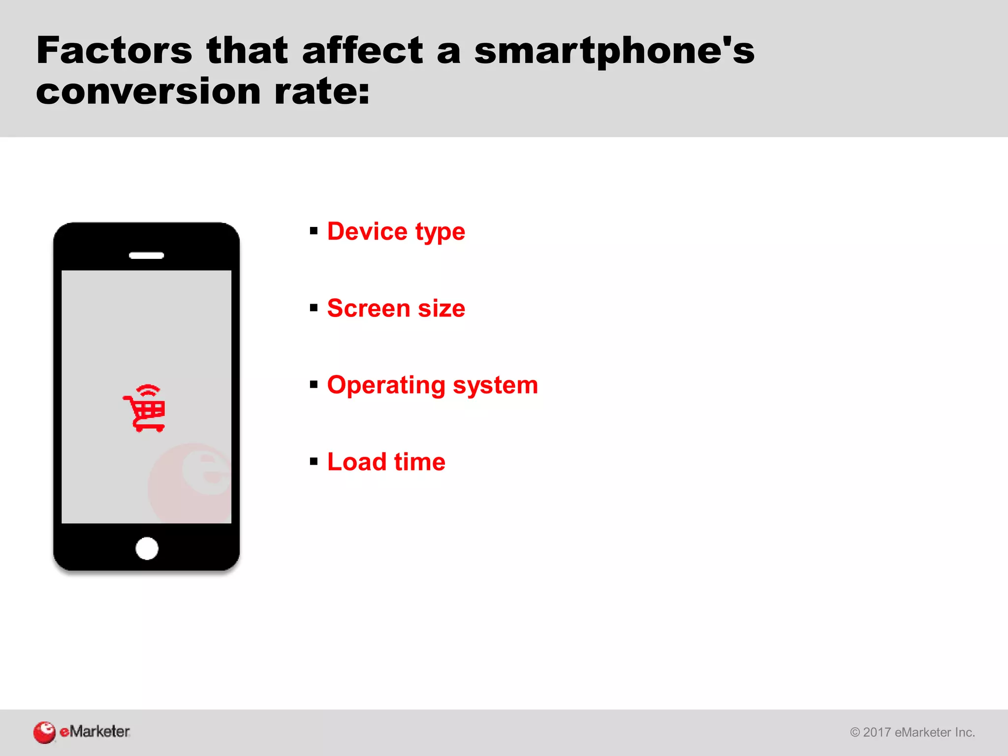 © 2017 eMarketer Inc.
Factors that affect a smartphone's
conversion rate:
 Device type
 Screen size
 Operating system
 Load time
 