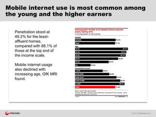 © 2017 eMarketer Inc.
Mobile internet use is most common among
the young and the higher earners
Penetration stood at
49.2% for the least-
affluent homes,
compared with 88.1% of
those at the top end of
the income scale.
Mobile internet usage
also declined with
increasing age, GfK MRI
found.
 