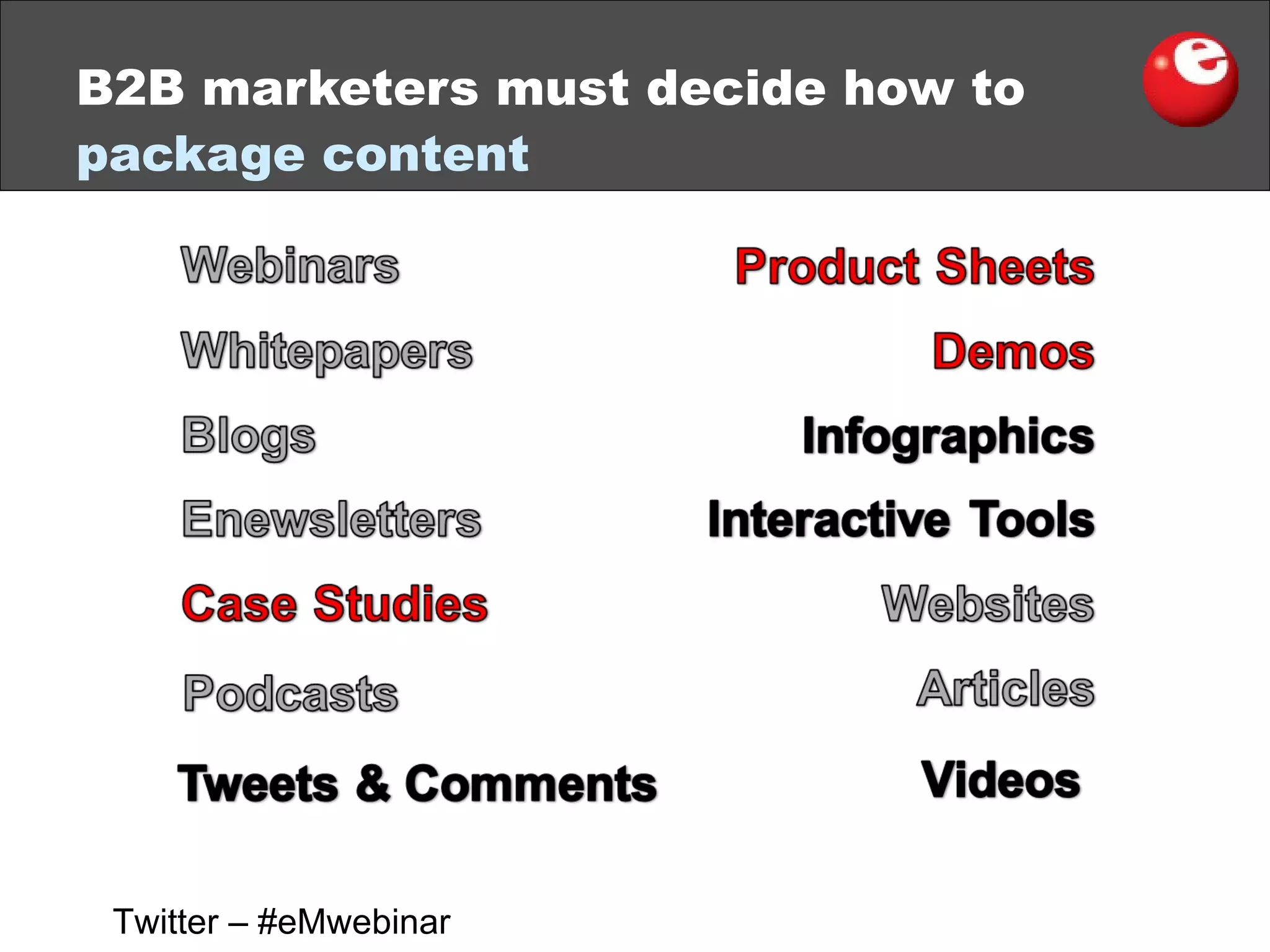 B2B marketers must decide how to  package content  Twitter – #eMwebinar 