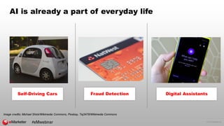 © 2016 eMarketer Inc.
AI is already a part of everyday life
Self-Driving Cars Fraud Detection Digital Assistants
Image credits: Michael Shick/Wikimedia Commons, Pixabay, Tej3478/Wikimedia Commons
#eMwebinar
 
