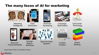 © 2016 eMarketer Inc.
The many faces of AI for marketing
Image Credits: Pixabay, The Weather Company
Marketing
Intelligence
Lead
Generation
Call-Center
Technology
Bots and
Virtual Assistants
Smarter
Search
Interfaces
Recommender
Systems Content
Creation
Brand
Building
AI-Driven
Advertising
Campaign
Optimization
 
