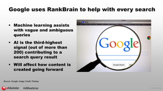 © 2016 eMarketer Inc.
Google uses RankBrain to help with every search
 Machine learning assists
with vague and ambiguous
queries
 AI is the third-highest
signal (out of more than
200) contributing to a
search query result
 Will affect how content is
created going forward
Source: Google; Image Credit: Pixabay
#eMwebinar
 