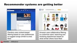 © 2016 eMarketer Inc.
Recommender systems are getting better
Pandora uses content-based
filtering based on user preferences
to suggest songs similar to ones
liked
Amazon uses collaborative filtering
to customize users’ searching and
browsing experiences based on
what similar others have liked
#eMwebinar
 