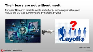 © 2016 eMarketer Inc.
Their fears are not without merit
#eMwebinar
Image Credit: Pixabay
Forrester Research predicts robots and other AI technologies will replace
16% of the US jobs currently done by humans by 2025
?
 
