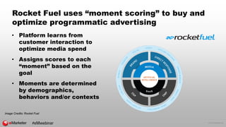 © 2016 eMarketer Inc.
Rocket Fuel uses “moment scoring” to buy and
optimize programmatic advertising
• Platform learns fro...