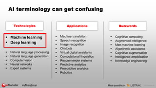 © 2018 eMarketer Inc.
AI terminology can get confusing
 Machine translation
 Speech recognition
 Image recognition
 Ch...