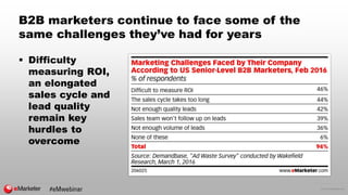 © 2016 eMarketer Inc.
B2B marketers continue to face some of the
same challenges they’ve had for years
 Difficulty
measur...