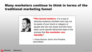 © 2016 eMarketer Inc.
Many marketers continue to think in terms of the
traditional marketing funnel
“The funnel matters. It is a way to
describe audience members who may not
be aware of your brand or category or
people who are now aware and who have
taken some specific behavioral steps in the
process that the marketer can
identify.”
—Ciaran Bossom, Senior Vice President,
VaynerMedia
#eMwebinar
 