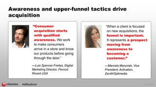 © 2016 eMarketer Inc.
Awareness and upper-funnel tactics drive
acquisition
“Consumer
acquisition starts
with qualified
awareness. We work
to make consumers
arrive in a store and know
our products before going
through the door.”
—Luis Spencer Freitas, Digital
Marketing Director, Pernod
Ricard USA
“When a client is focused
on new acquisitions, the
funnel is important.
It represents a prospect
moving from
awareness to
becoming a
customer.”
—Marcela Maryniak, Vice
President, Activation,
ZenithOptimedia
#eMwebinar
 