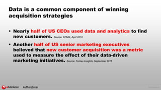 © 2016 eMarketer Inc.
Data is a common component of winning
acquisition strategies
 Nearly half of US CEOs used data and analytics to find
new customers. Source: KPMG, April 2016
 Another half of US senior marketing executives
believed that new customer acquisition was a metric
used to measure the effect of their data-driven
marketing initiatives. Source: Forbes Insights, September 2015
#eMwebinar
 