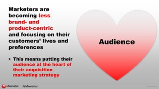 © 2016 eMarketer Inc.
Audience
Marketers are
becoming less
brand- and
product-centric
and focusing on their
customers’ lives and
preferences
 This means putting their
audience at the heart of
their acquisition
marketing strategy
#eMwebinar
 