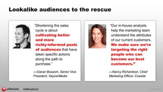 © 2016 eMarketer Inc.
Lookalike audiences to the rescue
“Shortening the sales
cycle is about
cultivating better
and more
richly-informed pools
of audiences that have
taken specific actions
along the path to
purchase.”
—Ciaran Bossom, Senior Vice
President, VaynerMedia
“Our in-house analysts
help the marketing team
understand the attributes
of our current customers.
We make sure we’re
targeting the right
people who can
become our best
customers.”
—Nancy Richardson, Chief
Marketing Officer, Coastal
#eMwebinar
 