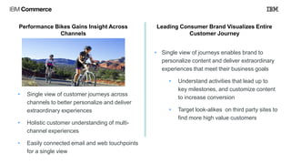 Performance Bikes Gains Insight Across
Channels
Leading Consumer Brand Visualizes Entire
Customer Journey
• Single view of journeys enables brand to
personalize content and deliver extraordinary
experiences that meet their business goals
• Understand activities that lead up to
key milestones, and customize content
to increase conversion
• Target look-alikes on third party sites to
find more high value customers
• Single view of customer journeys across
channels to better personalize and deliver
extraordinary experiences
• Holistic customer understanding of multi-
channel experiences
• Easily connected email and web touchpoints
for a single view
 