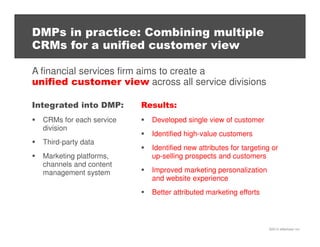 DMPs in practice: Combining multiple
CRMs for a unified customer view
A financial services firm aims to create a
unified customer view across all service divisions
Integrated into DMP:
CRMs for each service
division
Third-party data
Marketing platforms,
channels and content
management system

Results:
Developed single view of customer
Identified high-value customers
Identified new attributes for targeting or
up-selling prospects and customers
Improved marketing personalization
and website experience
Better attributed marketing efforts

©2013 eMarketer Inc.

 