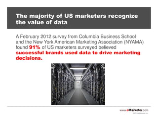 The majority of US marketers recognize
the value of data
A February 2012 survey from Columbia Business School
and the New York American Marketing Association (NYAMA)
found 91% of US marketers surveyed believed
successful brands used data to drive marketing
decisions.

©2013 eMarketer Inc.

 