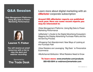 Q&A Session
Data Management Platforms—
Using Big Data to Power
Marketing Performance

Learn more about digital marketing with an
eMarketer corporate subscription
Around 200 eMarketer reports are published
each year. Here are some recent reports you
may be interested in:
Data Management Platforms: Using Big Data to Power
Marketing Performance
eMarketer’s Guide to the Digital Advertising Ecosystem:
Mapping the Display Advertising Purchase Paths and the
Ad-Serving Process

Lauren T. Fisher
You will receive an email
tomorrow with a link to
view the deck and
webinar recording.
Sponsored by:

The Trade Desk

Shopping Cart Abandonment: New Ways of Looking at
the Purchase Path
How Retailers are Leveraging ‘Big Data’ to Personalize
Ecommerce
Multichannel Attribution: What Retailers Need to Know
To learn more: www.emarketer.com/products
800-405-0844 or webinars@emarketer.com
©2013 eMarketer Inc.

 