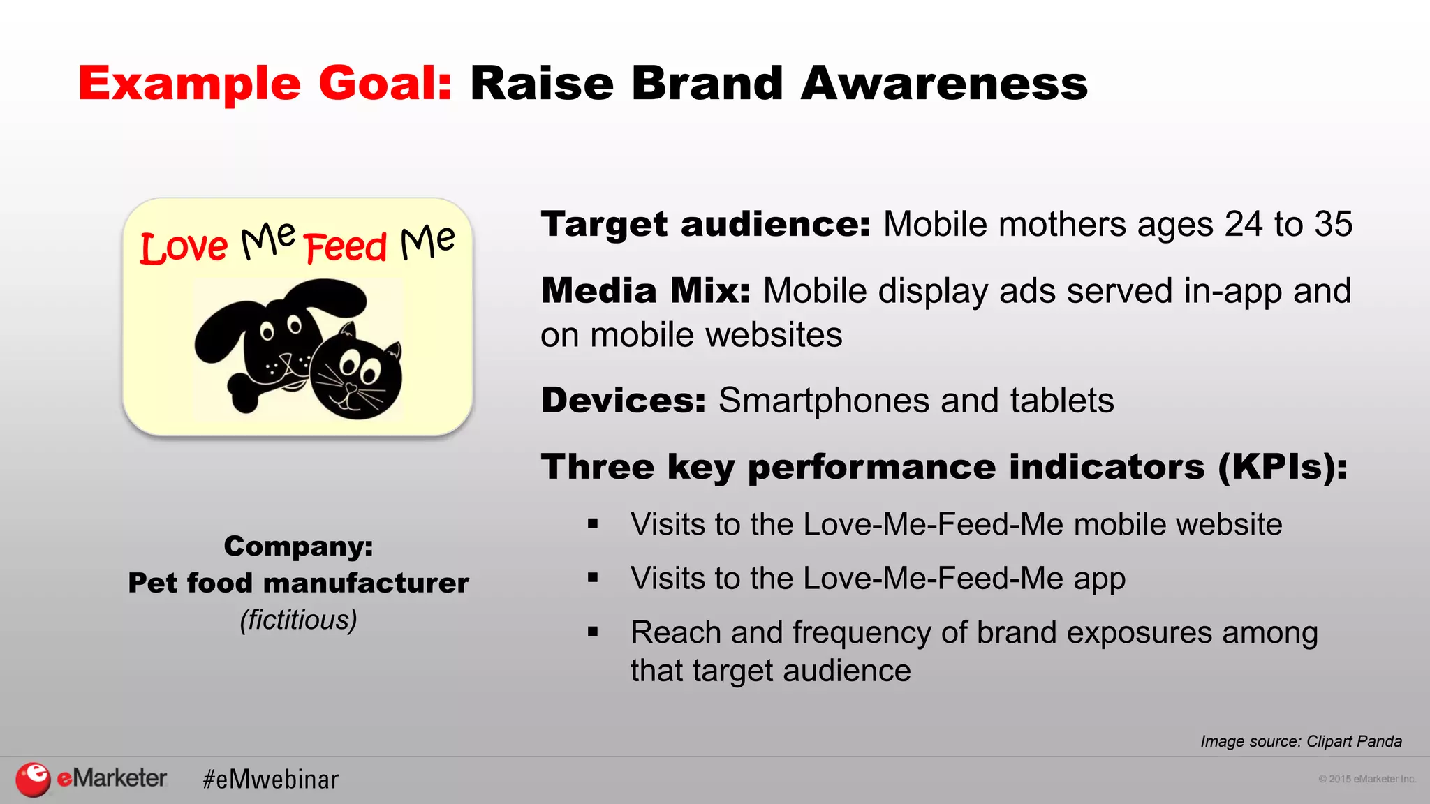 © 2015 eMarketer Inc.
Example Goal: Raise Brand Awareness
Target audience: Mobile mothers ages 24 to 35
Media Mix: Mobile display ads served in-app and
on mobile websites
Devices: Smartphones and tablets
Three key performance indicators (KPIs):
 Visits to the Love-Me-Feed-Me mobile website
 Visits to the Love-Me-Feed-Me app
 Reach and frequency of brand exposures among
that target audience
Company:
Pet food manufacturer
(fictitious)
Image source: Clipart Panda
Love Feed
 