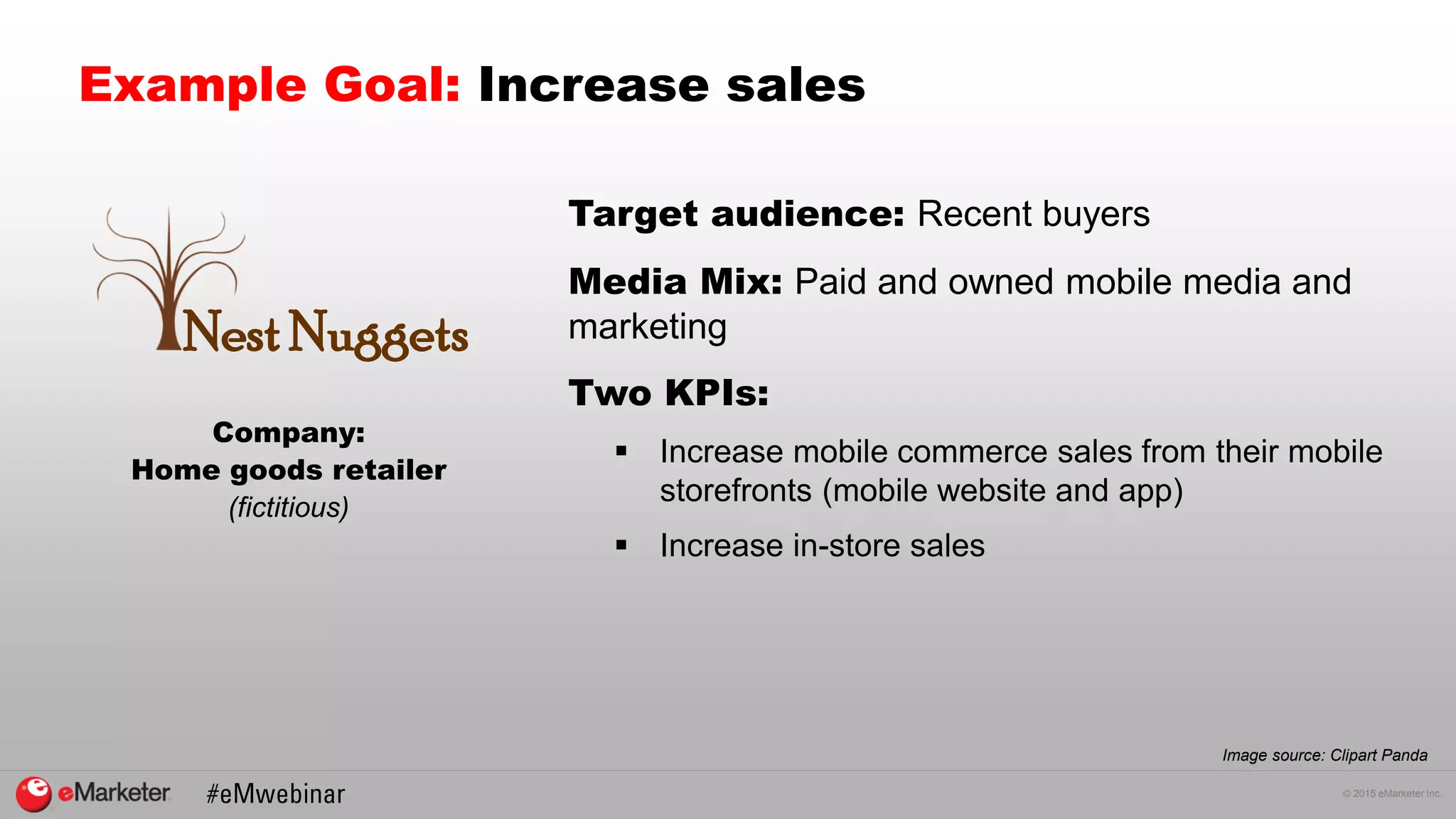 © 2015 eMarketer Inc.
Example Goal: Increase sales
Company:
Home goods retailer
(fictitious)
Image source: Clipart Panda
NestNuggets
Target audience: Recent buyers
Media Mix: Paid and owned mobile media and
marketing
Two KPIs:
 Increase mobile commerce sales from their mobile
storefronts (mobile website and app)
 Increase in-store sales
 
