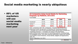 © 2014 eMarketer Inc. 
Social media marketing is nearly ubiquitous 
89% of US marketers will use social media marketing n...