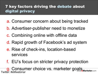 7 key factors driving the  debate  about  digital privacy Consumer concern about being tracked Advertiser-publisher need to monetize Combining online with offline data Rapid growth of Facebook’s ad system Rise of check-ins, location-based services EU’s focus on stricter privacy protection Consumer choice vs. marketer goals  Twitter: #eMwebinar 