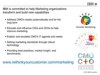 IBM is committed to help Marketing organizations
transform and build new capabilities
 Address CMO’s needs systematically and for the
long term

 Educate and influence CIOs and CEOs to help
improve marketing

Smarter Marketing

 Explain and escalate CMO’s IT agenda and needs
 Setting marketing standards through robust
technology
 Providing best practices, market insight, and
benchmarks

www.rethinkyourcustomer.com/marketing
© 2013 IBM Corporation

 