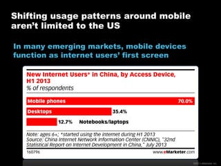 Shifting usage patterns around mobile
aren’t limited to the US
In many emerging markets, mobile devices
function as internet users’ first screen

©2013 eMarketer Inc.

 