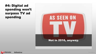 © 2015 eMarketer Inc.
#4: Digital ad
spending won’t
surpass TV ad
spending
Not in 2016, anyway.
#eMwebinar
 