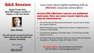 © 2015 eMarketer Inc.
Learn more about digital marketing with an
eMarketer corporate subscription
Around 200 eMarketer reports are published
each year. Here are some recent reports you
may be interested in:
Q&A Session
Made possible by
You will receive an email tomorrow
with a link to view the deck and
webinar recording.
To learn more: www.emarketer.com/products
800-405-0844 or webinars@emarketer.com
Ezra Palmer
Digital Trends 2016:
What Will Happen–and Won’t
Happen–in the Year Ahead
 Social Advertising Effectiveness Scorecard: Industry Execs Grade
the Leading Platforms
 Mobile Messaging Apps: Global User Forecast, Leaderboard and
Outlook on Monetization
 Cross-Device Targeting: First-Party Data, TV and Privacy Are Big
Factors for 2016
 US Mobile Payments Forecast: Driven by User Growth and Broader
Acceptance, Transaction Value Will Triple in 2016
 