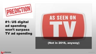 © 2016 eMarketer Inc.
#1: US digital
ad spending
won’t surpass
TV ad spending
(Not in 2016, anyway)
 
