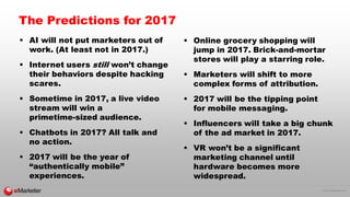 © 2016 eMarketer Inc.
The Predictions for 2017
 AI will not put marketers out of
work. (At least not in 2017.)
 Internet users still won’t change
their behaviors despite hacking
scares.
 Sometime in 2017, a live video
stream will win a
primetime-sized audience.
 Chatbots in 2017? All talk and
no action.
 2017 will be the year of
“authentically mobile”
experiences.
 Online grocery shopping will
jump in 2017. Brick-and-mortar
stores will play a starring role.
 Marketers will shift to more
complex forms of attribution.
 2017 will be the tipping point
for mobile messaging.
 Influencers will take a big chunk
of the ad market in 2017.
 VR won’t be a significant
marketing channel until
hardware becomes more
widespread.
 