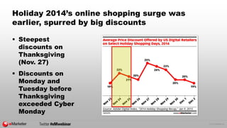 © 2015 eMarketer Inc.
Holiday 2014’s online shopping surge was
earlier, spurred by big discounts
 Steepest
discounts on
T...