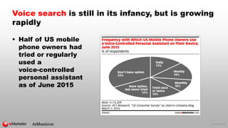 © 2016 eMarketer Inc.
Voice search is still in its infancy, but is growing
rapidly
 Half of US mobile
phone owners had
tr...