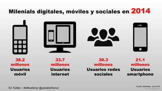 © 2014 eMarketer Inc.
Milenials digitales, móviles y sociales en 2014
Fuente: eMarketer, June 2014
33.7
millones
Usuarios
internet
38.2
millones
Usuarios
móvil
21.1
millones
Usuarios
smartphone
30.3
millones
Usuarios redes
sociales
En Twitter – #eMwebinar @osbaldofranco
 