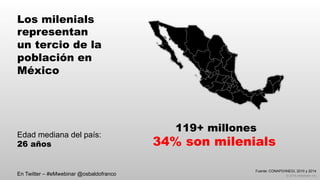 © 2014 eMarketer Inc.
Los milenials
representan
un tercio de la
población en
México
119+ millones
34% son milenials
En Twitter – #eMwebinar @osbaldofranco
Edad mediana del país:
26 años
Fuente: CONAPO/INEGI, 2010 y 2014
 