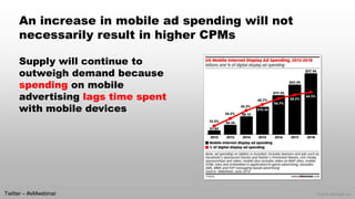 © 2014 eMarketer Inc.
An increase in mobile ad spending will not
necessarily result in higher CPMs
Supply will continue to
outweigh demand because
spending on mobile
advertising lags time spent
with mobile devices
Twitter – #eMwebinar
 