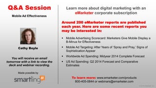 © 2014 eMarketer Inc.
Learn more about digital marketing with an
eMarketer corporate subscription
Around 200 eMarketer reports are published
each year. Here are some recent reports you
may be interested in:
Q&A Session
Made possible by
You will receive an email
tomorrow with a link to view the
deck and webinar recording.
To learn more: www.emarketer.com/products
800-405-0844 or webinars@emarketer.com
Cathy Boyle
Mobile Ad Effectiveness
 Mobile Advertising Scorecard: Marketers Give Mobile Display a
B-Minus for Effectiveness
 Mobile Ad Targeting: After Years of ‘Spray and Pray,’ Signs of
Sophistication Appear
 Worldwide Ad Spending: Midyear 2014 Complete Forecast
 US Ad Spending: Q2 2014 Forecast and Comparative
Estimates
 