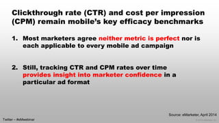 © 2014 eMarketer Inc.
Clickthrough rate (CTR) and cost per impression
(CPM) remain mobile’s key efficacy benchmarks
1. Most marketers agree neither metric is perfect nor is
each applicable to every mobile ad campaign
2. Still, tracking CTR and CPM rates over time
provides insight into marketer confidence in a
particular ad format
Source: eMarketer, April 2014
Twitter – #eMwebinar
 