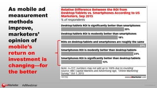 © 2016 eMarketer Inc.
As mobile ad
measurement
methods
improve,
marketers’
opinion of
mobile’s
return on
investment is
changing—for
the better
 