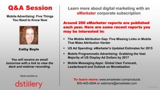 © 2016 eMarketer Inc.
Learn more about digital marketing with an
eMarketer corporate subscription
Around 200 eMarketer reports are published
each year. Here are some recent reports you
may be interested in:
Q&A Session
Made possible by
You will receive an email
tomorrow with a link to view the
deck and webinar recording.
To learn more: www.emarketer.com/products
800-405-0844 or webinars@emarketer.com
Cathy Boyle
Mobile Advertising: Five Things
You Need to Know Now
 The Mobile Attribution Gap: Five Missing Links in Mobile
That Make Attribution Harder
 US Ad Spending: eMarketer's Updated Estimates for 2015
 Mobile Programmatic Advertising: Grabbing the Vast
Majority of US Display Ad Dollars by 2017
 Mobile Messaging Apps: Global User Forecast,
Leaderboard and Outlook on Monetization
 